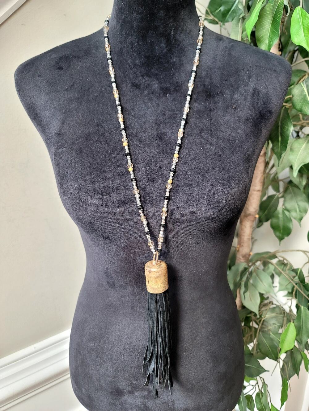 Black Beaded Long Tassel Necklace Boho Statement Jewelry